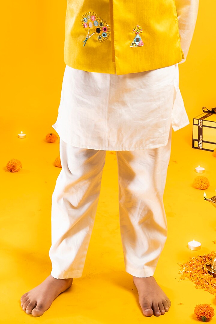 Mustard Yellow Cotton Silk Hand Embroidered Bundi Jacket Set For Boys by Metaphor Kids at Pernia's Pop Up Shop