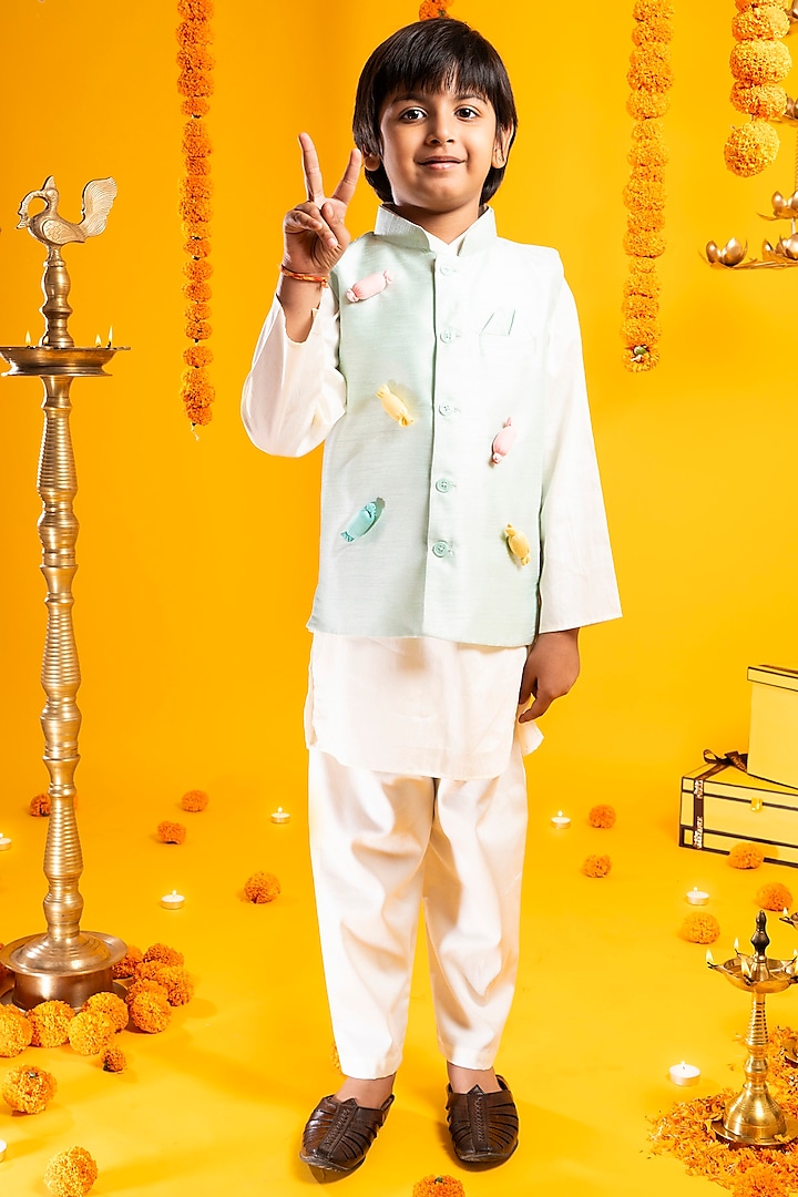 Jade Green Cotton Silk Bundi Jacket Set For Boys by Metaphor Kids at Pernia's Pop Up Shop