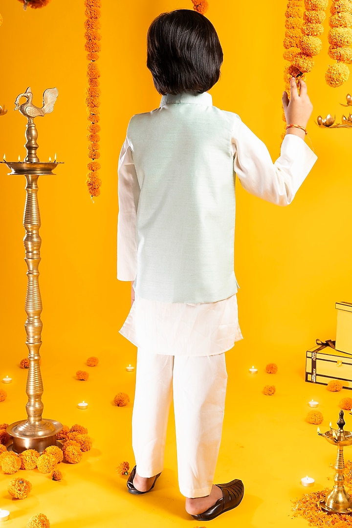 Jade Green Cotton Silk Bundi Jacket Set For Boys by Metaphor Kids at Pernia's Pop Up Shop