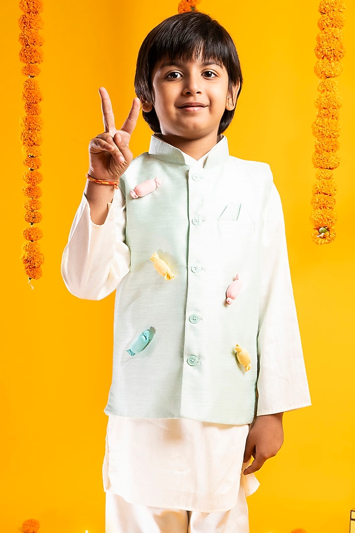 Jade Green Cotton Silk Bundi Jacket Set For Boys by Metaphor Kids at Pernia's Pop Up Shop