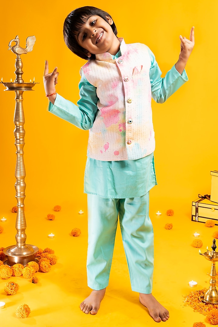 Multi-Colored Chinon Chiffon Hand Embroidered Tie & Dye Bundi Jacket Set For Boys by Metaphor Kids at Pernia's Pop Up Shop