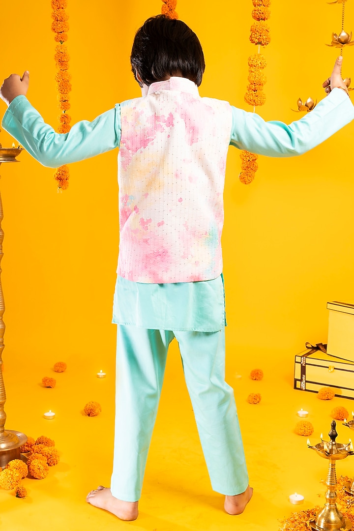 Multi-Colored Chinon Chiffon Hand Embroidered Tie & Dye Bundi Jacket Set For Boys by Metaphor Kids at Pernia's Pop Up Shop