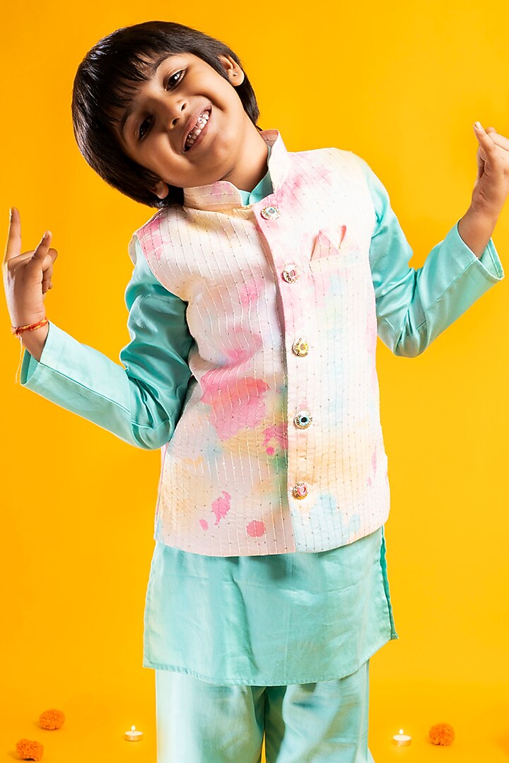Multi-Colored Chinon Chiffon Hand Embroidered Tie & Dye Bundi Jacket Set For Boys by Metaphor Kids at Pernia's Pop Up Shop