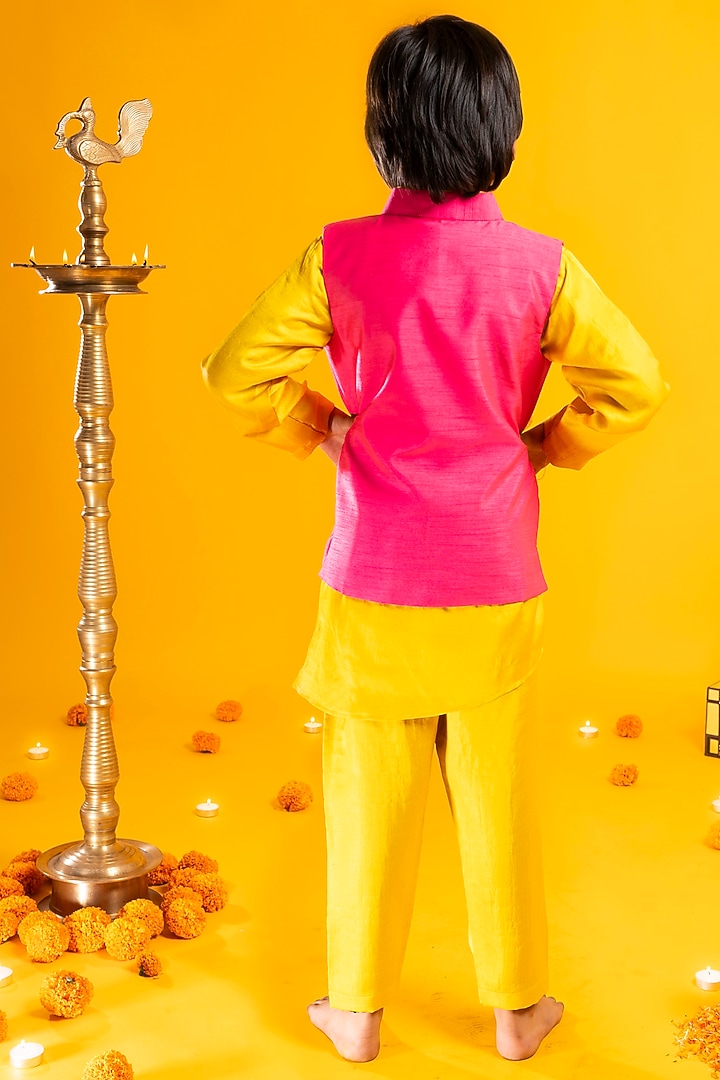 Rani Pink Cotton Silk Mirror Hand Embroidered Bundi Jacket Set For Boys by Metaphor Kids at Pernia's Pop Up Shop