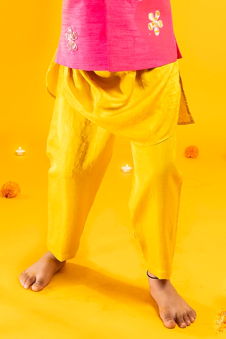 Rani Pink Cotton Silk Mirror Hand Embroidered Bundi Jacket Set For Boys by Metaphor Kids at Pernia's Pop Up Shop