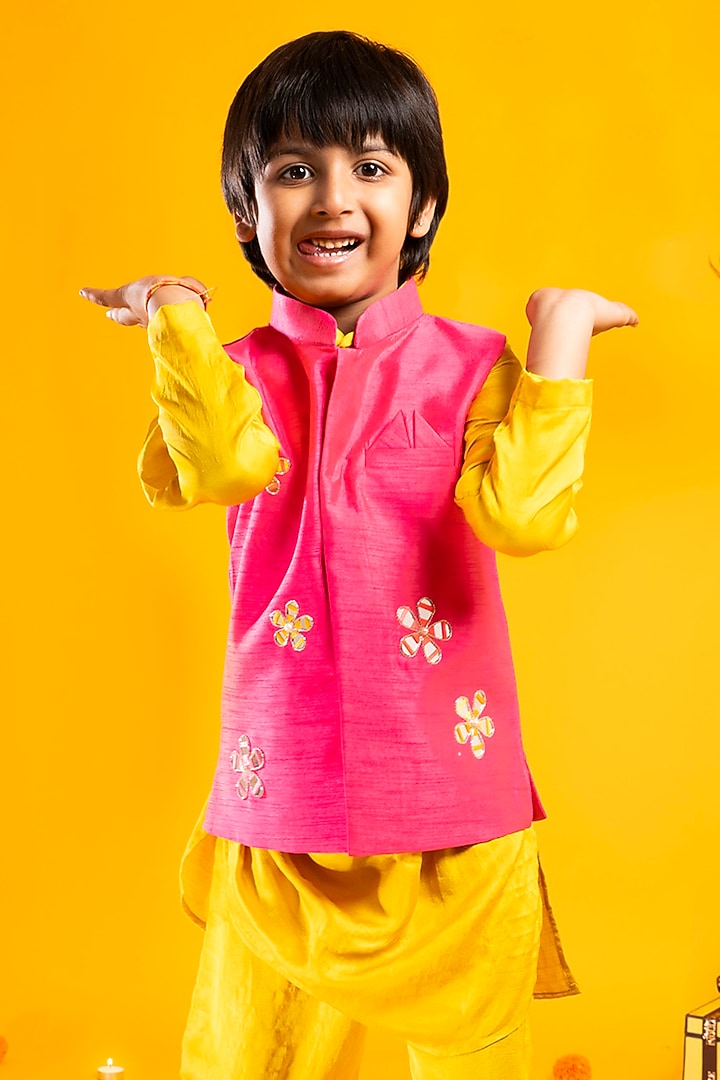 Rani Pink Cotton Silk Mirror Hand Embroidered Bundi Jacket Set For Boys by Metaphor Kids at Pernia's Pop Up Shop