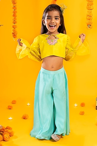 Aqua Blue Chinon Chiffon Pant Set For Girls by Metaphor Kids