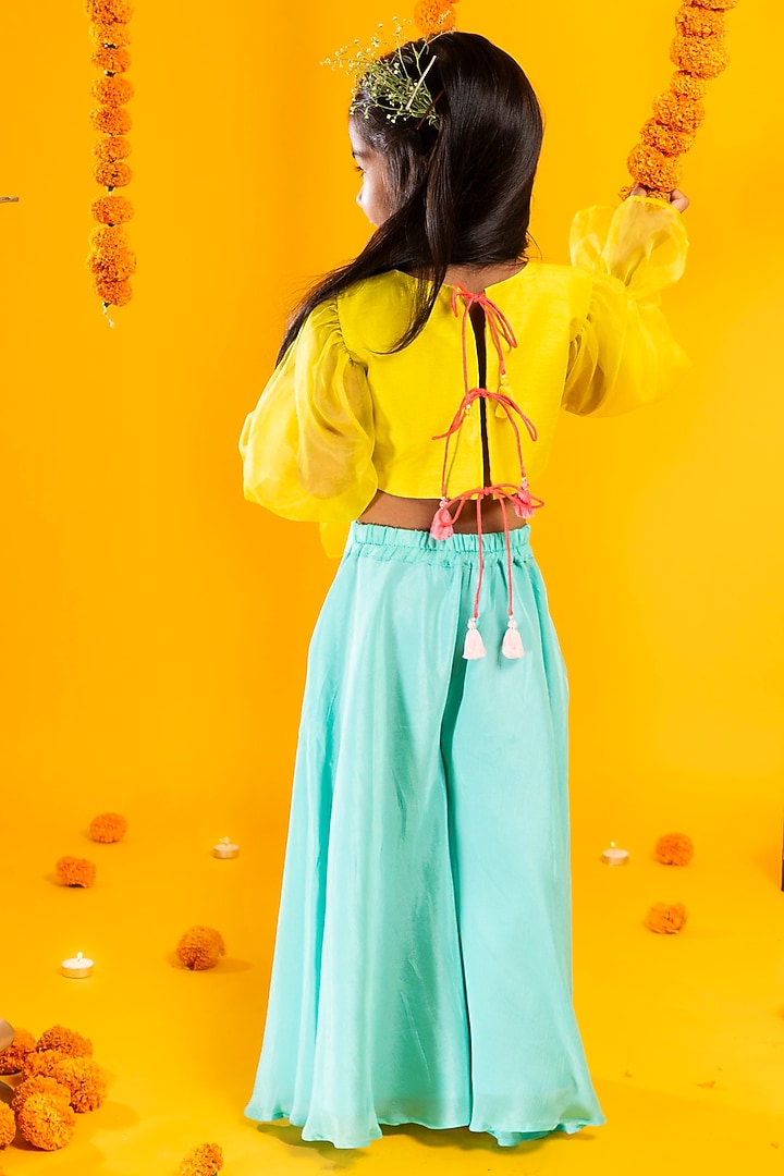 Aqua Blue Chinon Chiffon Pant Set For Girls by Metaphor Kids at Pernia's Pop Up Shop