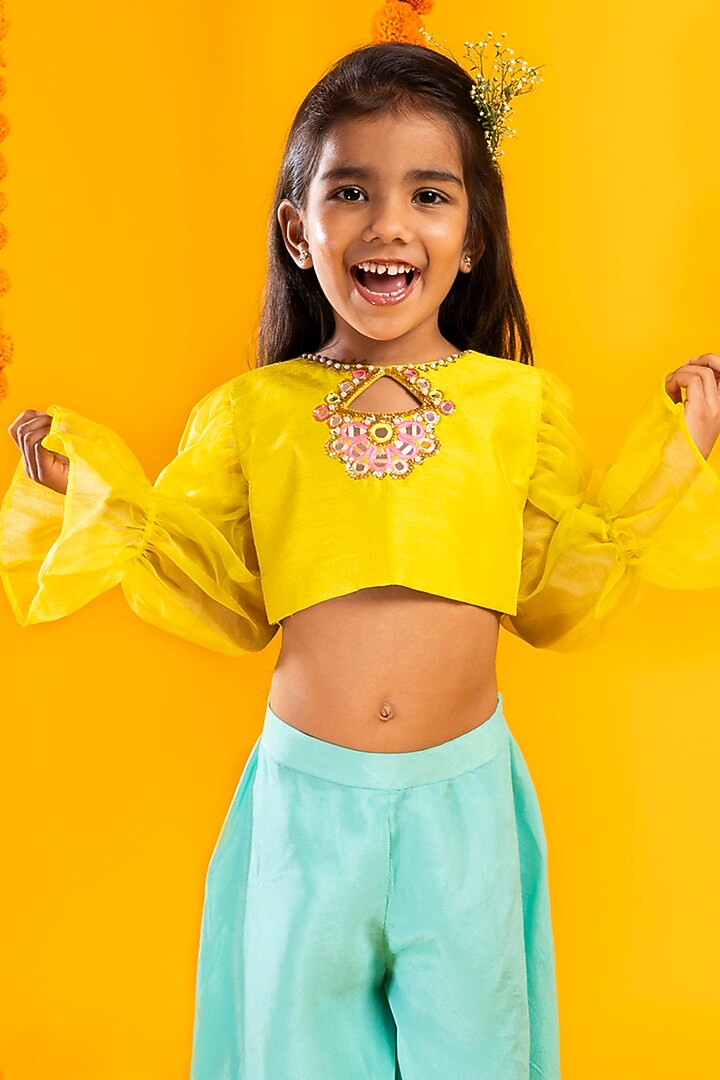 Aqua Blue Chinon Chiffon Pant Set For Girls by Metaphor Kids at Pernia's Pop Up Shop