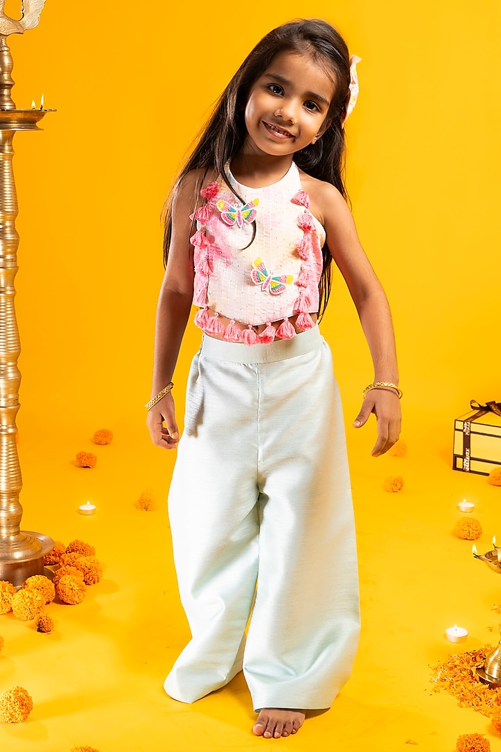 Aqua Green Cotton Silk Pant Set For Girls by Metaphor Kids at Pernia's Pop Up Shop