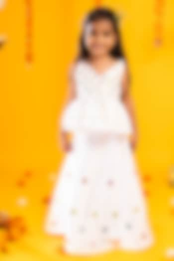 White Cotton Silk Mirror Hand Embroidered Lehenga Set For Girls by Metaphor Kids at Pernia's Pop Up Shop