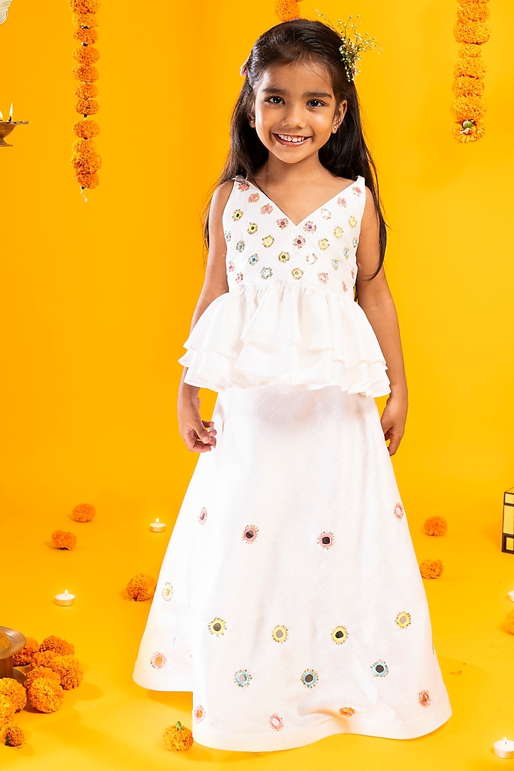 White Cotton Silk Mirror Hand Embroidered Lehenga Set For Girls by Metaphor Kids at Pernia's Pop Up Shop