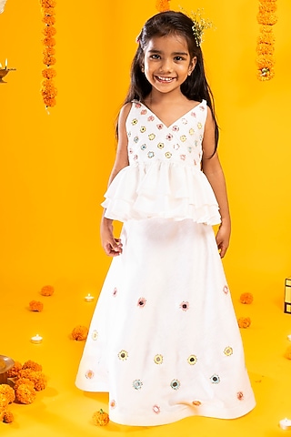 White Cotton Silk Mirror Hand Embroidered Lehenga Set For Girls by Metaphor Kids