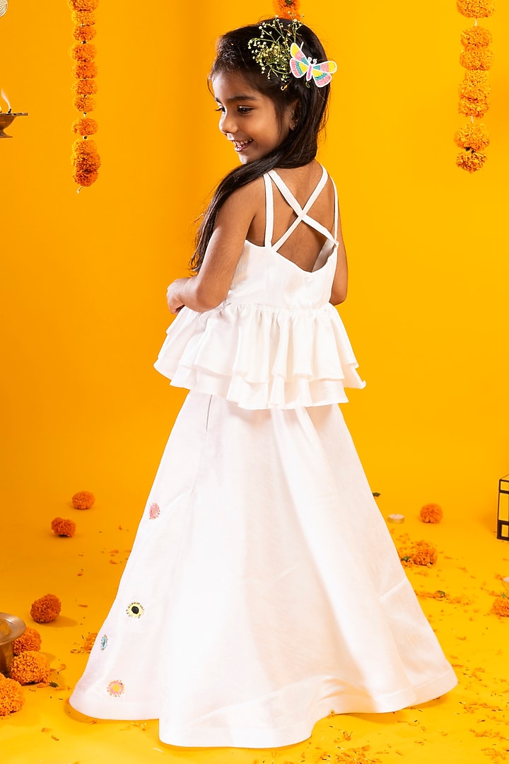 White Cotton Silk Mirror Hand Embroidered Lehenga Set For Girls by Metaphor Kids at Pernia's Pop Up Shop