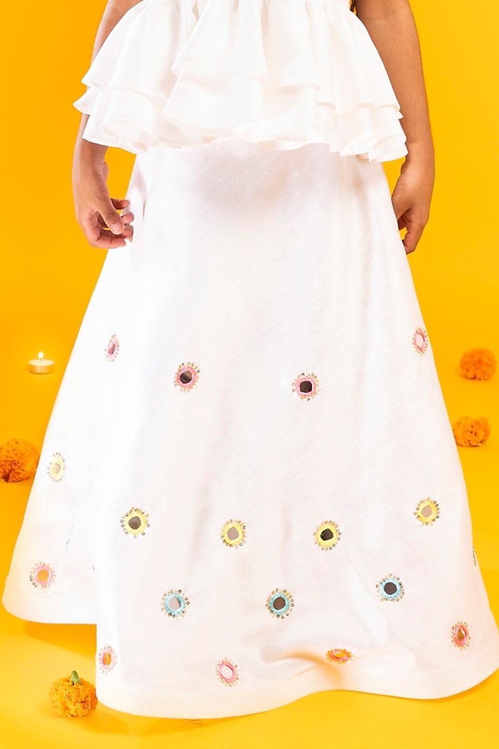 White Cotton Silk Mirror Hand Embroidered Lehenga Set For Girls by Metaphor Kids at Pernia's Pop Up Shop