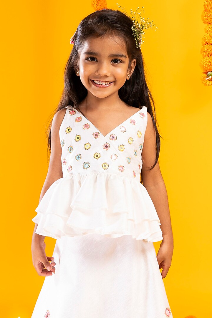White Cotton Silk Mirror Hand Embroidered Lehenga Set For Girls by Metaphor Kids at Pernia's Pop Up Shop