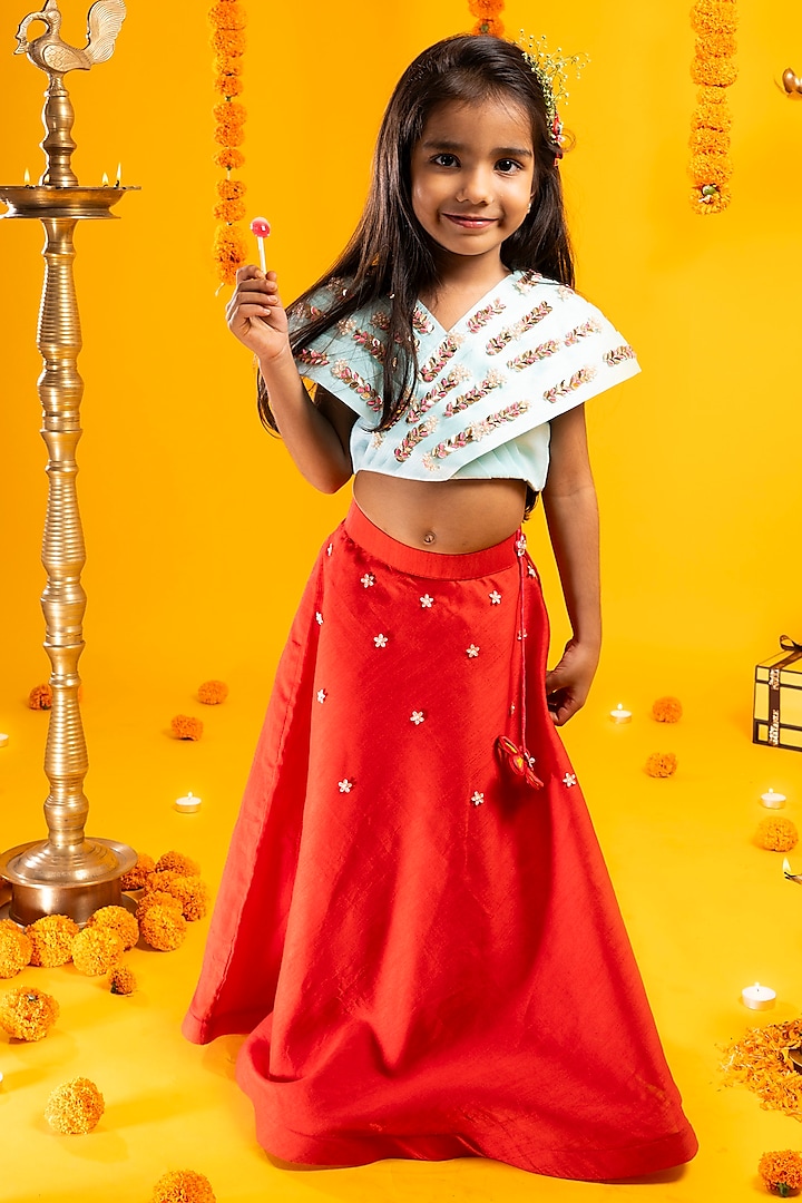 Cherry Red Cotton Silk Beads Hand Embroidered Lehenga Set For Girls by Metaphor Kids at Pernia's Pop Up Shop