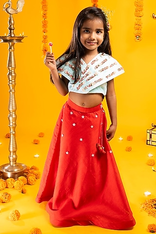Cherry Red Cotton Silk Beads Hand Embroidered Lehenga Set For Girls by Metaphor Kids