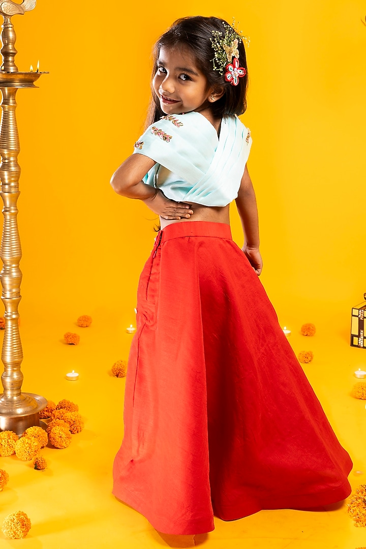 Cherry Red Cotton Silk Beads Hand Embroidered Lehenga Set For Girls by Metaphor Kids at Pernia's Pop Up Shop