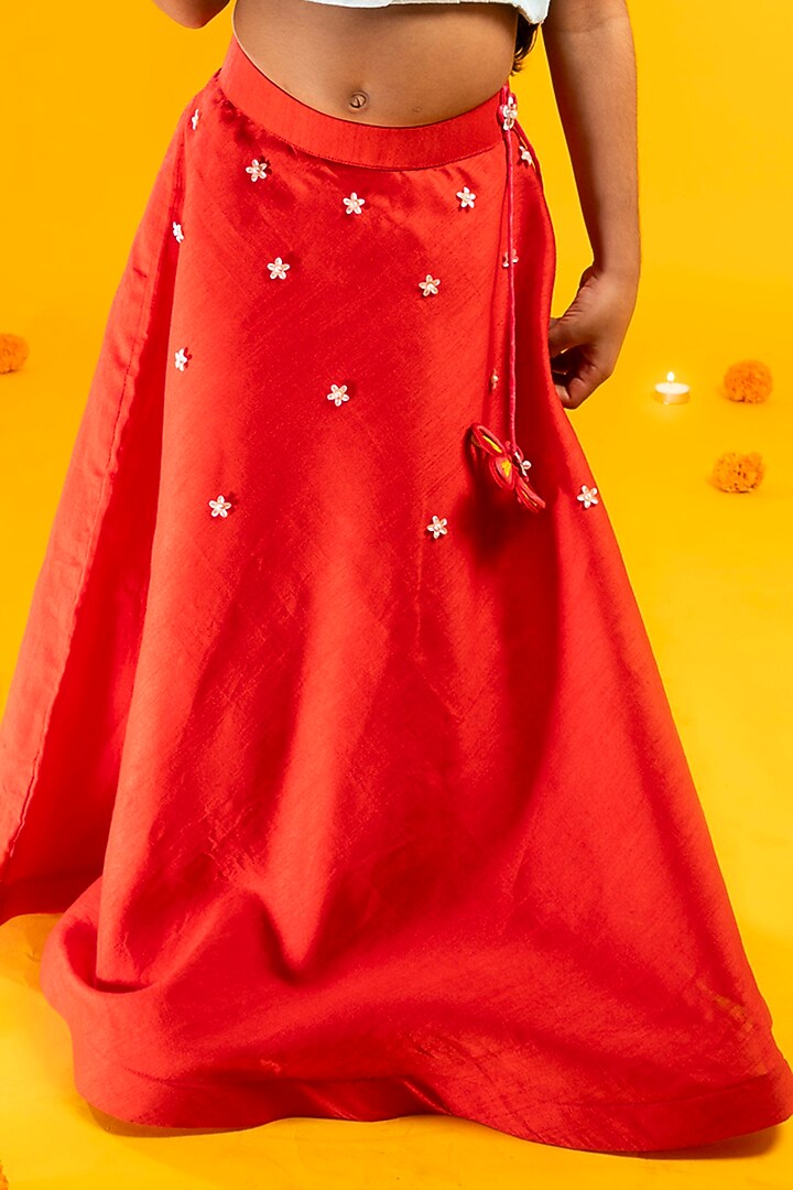 Cherry Red Cotton Silk Beads Hand Embroidered Lehenga Set For Girls by Metaphor Kids at Pernia's Pop Up Shop