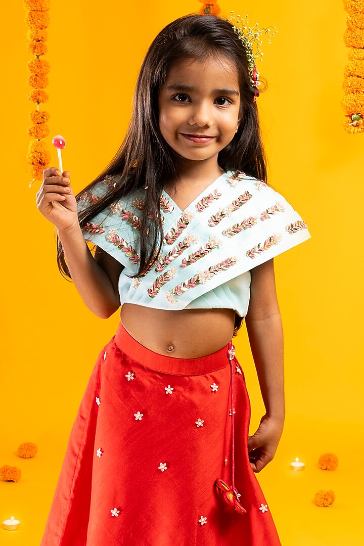 Cherry Red Cotton Silk Beads Hand Embroidered Lehenga Set For Girls by Metaphor Kids at Pernia's Pop Up Shop