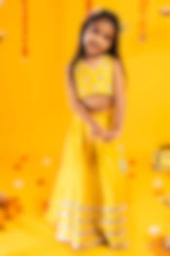 Mustard Yellow Cotton Silk Mirror Hand Embroidered Lehenga Set For Girls by Metaphor Kids at Pernia's Pop Up Shop