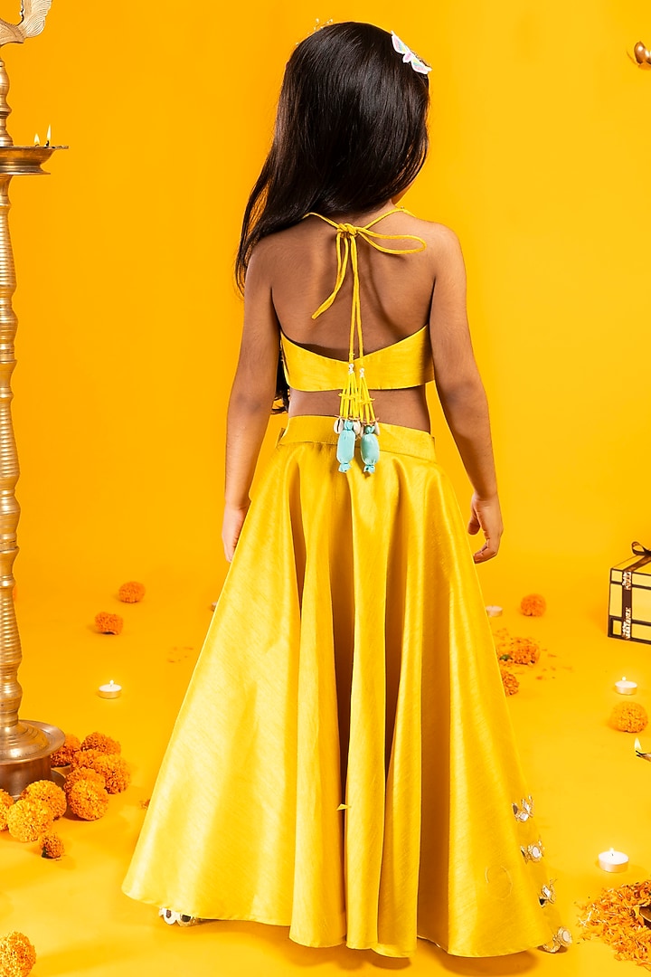 Mustard Yellow Cotton Silk Mirror Hand Embroidered Lehenga Set For Girls by Metaphor Kids at Pernia's Pop Up Shop
