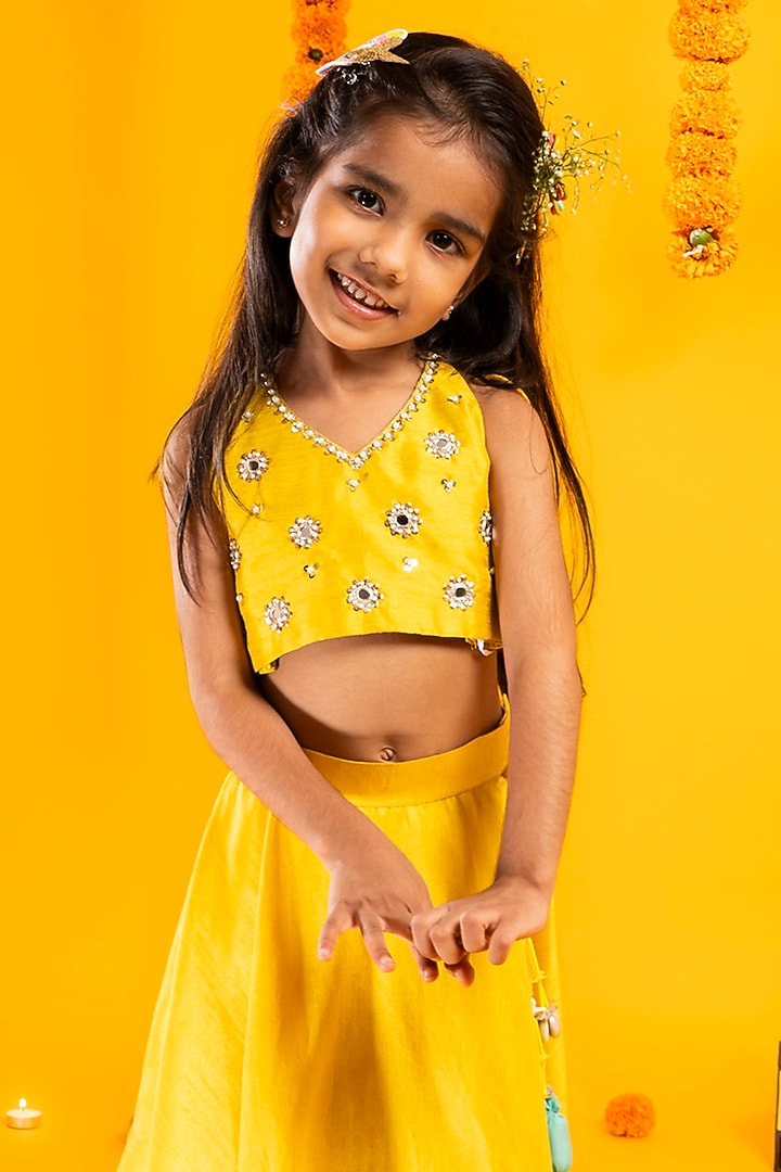 Mustard Yellow Cotton Silk Mirror Hand Embroidered Lehenga Set For Girls by Metaphor Kids at Pernia's Pop Up Shop