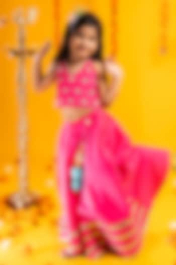 Hot Pink Cotton Silk Mirror Hand Embroidered Lehenga Set For Girls by Metaphor Kids at Pernia's Pop Up Shop