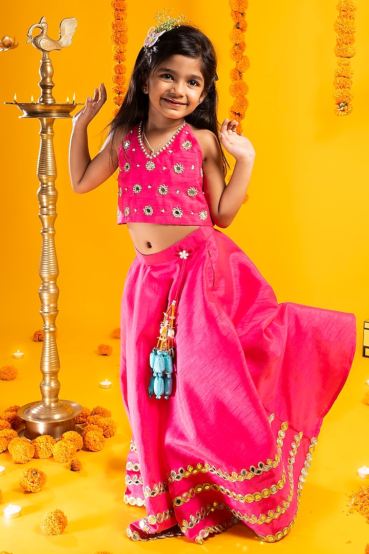 Hot Pink Cotton Silk Mirror Hand Embroidered Lehenga Set For Girls by Metaphor Kids at Pernia's Pop Up Shop