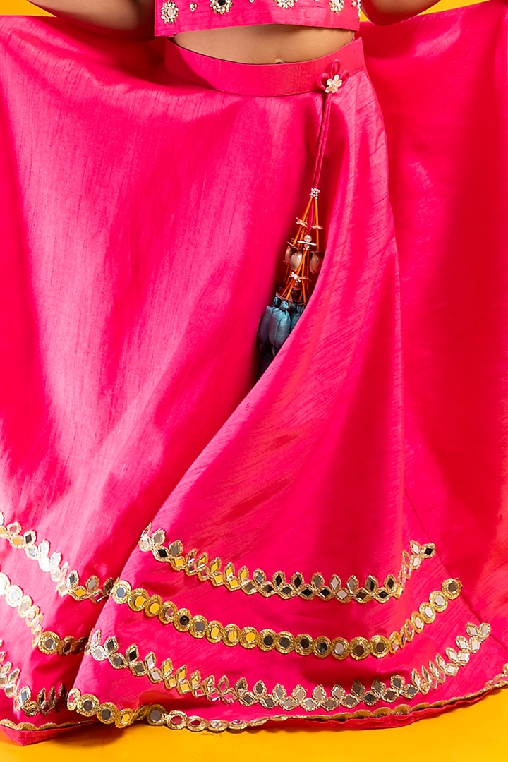 Hot Pink Cotton Silk Mirror Hand Embroidered Lehenga Set For Girls by Metaphor Kids at Pernia's Pop Up Shop