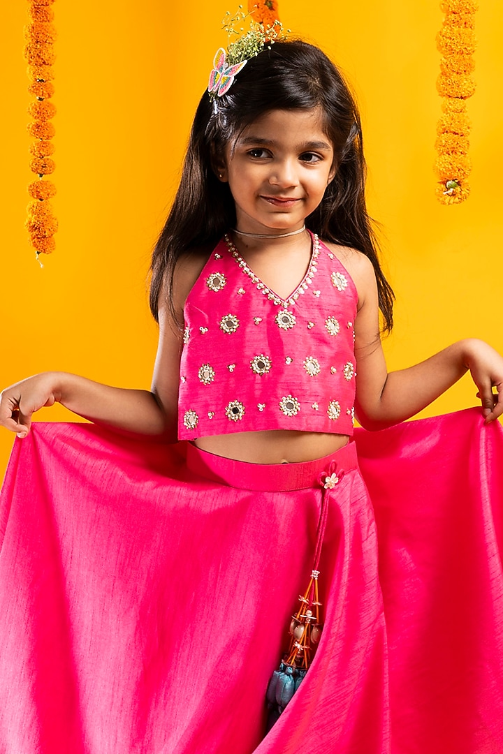 Hot Pink Cotton Silk Mirror Hand Embroidered Lehenga Set For Girls by Metaphor Kids at Pernia's Pop Up Shop