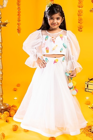 Off-White Poly Organza Hand Embroidered Lehenga Set For Girls by Metaphor Kids