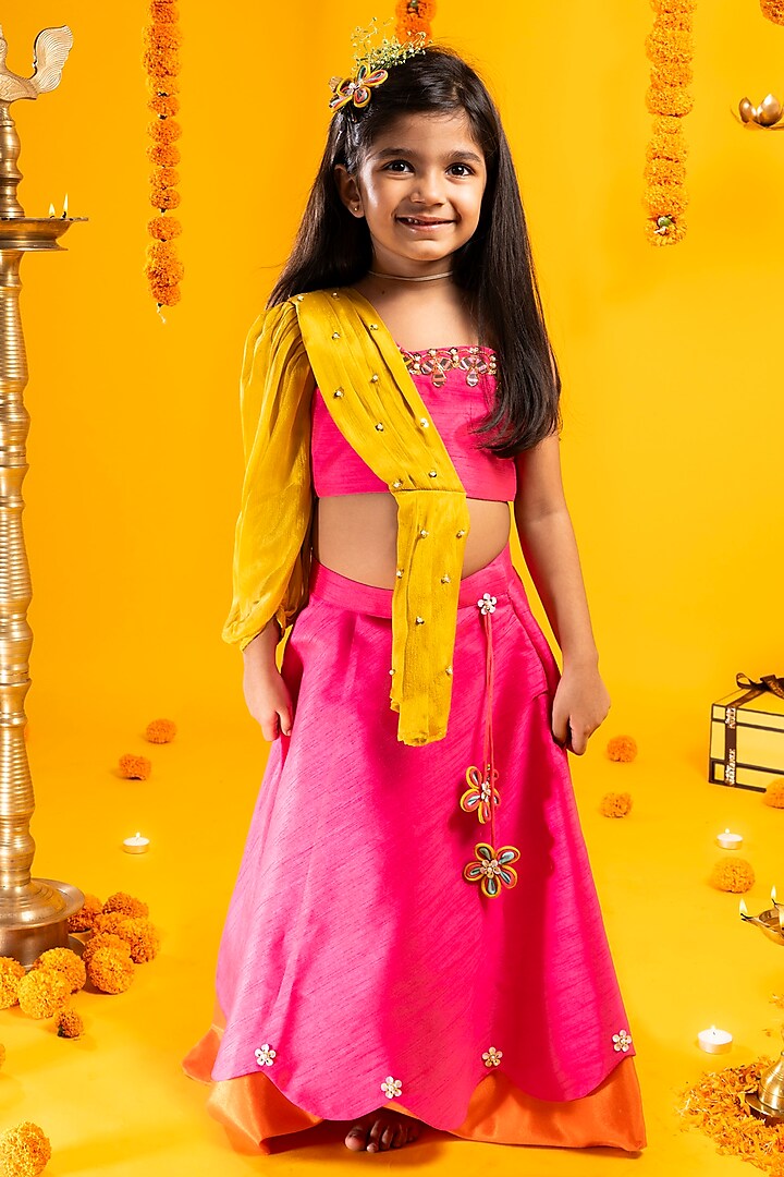 Rani Pink & Orange Cotton Silk Sequins Embroidered Lehenga Set For Girls by Metaphor Kids at Pernia's Pop Up Shop