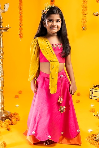 Rani Pink & Orange Cotton Silk Sequins Embroidered Lehenga Set For Girls by Metaphor Kids