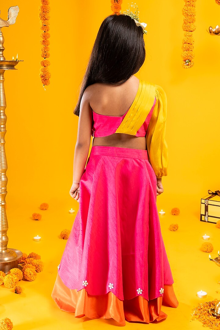 Rani Pink & Orange Cotton Silk Sequins Embroidered Lehenga Set For Girls by Metaphor Kids at Pernia's Pop Up Shop