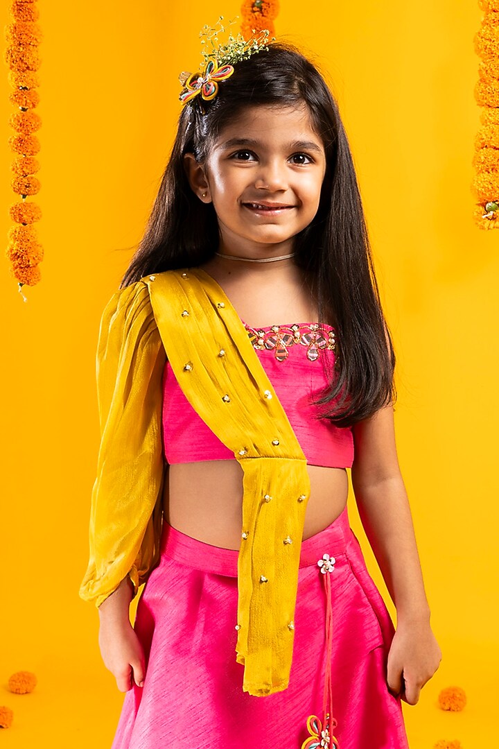 Rani Pink & Orange Cotton Silk Sequins Embroidered Lehenga Set For Girls by Metaphor Kids at Pernia's Pop Up Shop