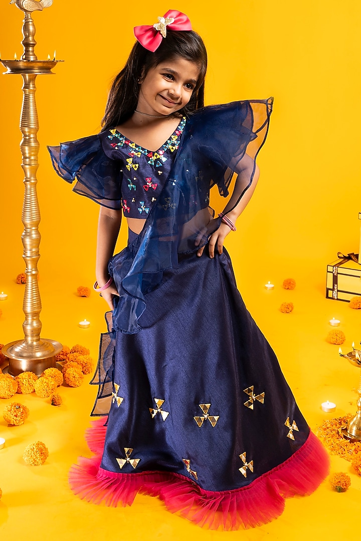 Blue Cotton Silk Sequins Work lehenga Set For Girls by Metaphor Kids at Pernia's Pop Up Shop