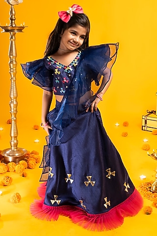 Blue Cotton Silk Sequins Work lehenga Set For Girls by Metaphor Kids