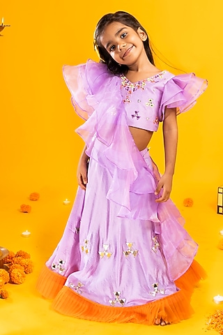 Lavender & Orange Upada Silk Sequins Work lehenga Set For Girls by Metaphor Kids