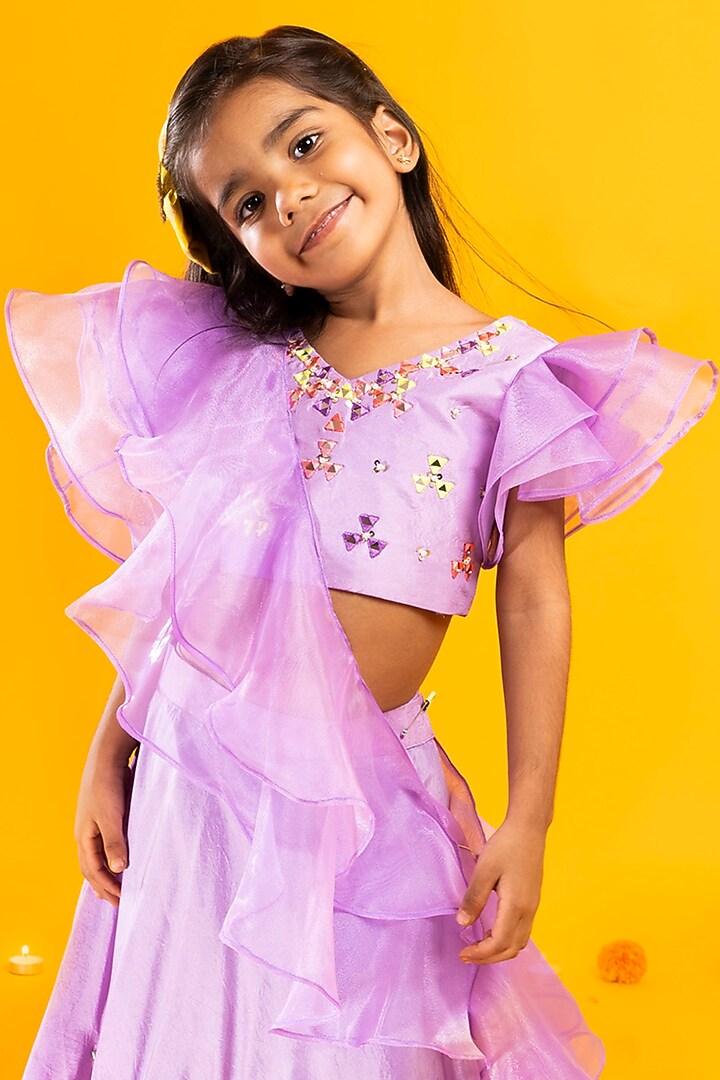 Lavender & Orange Upada Silk Sequins Work lehenga Set For Girls by Metaphor Kids at Pernia's Pop Up Shop