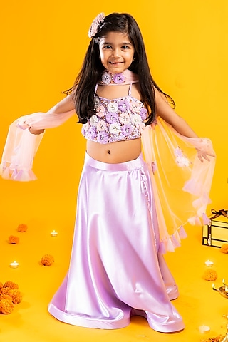 Lavender Satin Floral Hand Embroidered Lehenga Set For Girls by Metaphor Kids