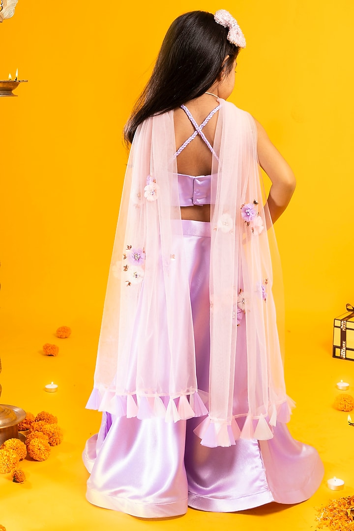 Lavender Satin Floral Hand Embroidered Lehenga Set For Girls by Metaphor Kids at Pernia's Pop Up Shop