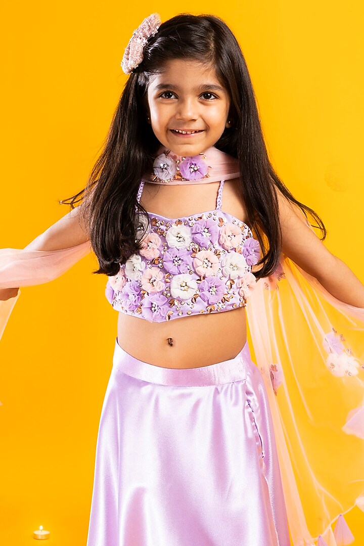 Lavender Satin Floral Hand Embroidered Lehenga Set For Girls by Metaphor Kids at Pernia's Pop Up Shop