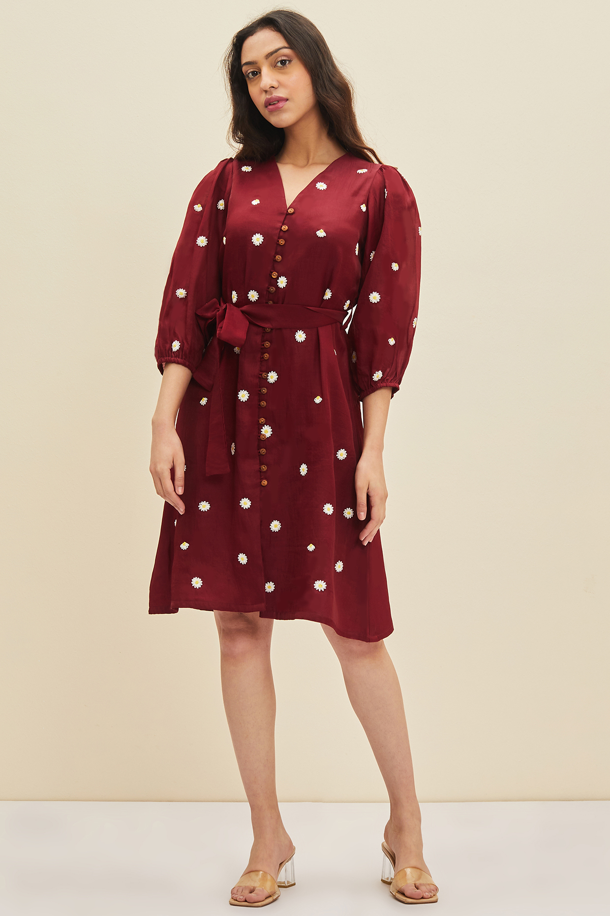 Marisol Red Hand Embroidered Knee-Length Dress by Meadow