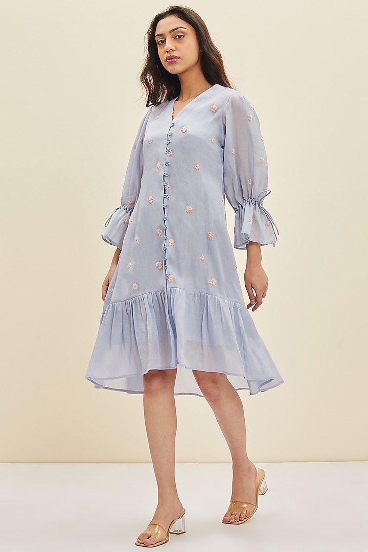 Light Blue Hand Embroidered Knee-Length Dress by Meadow