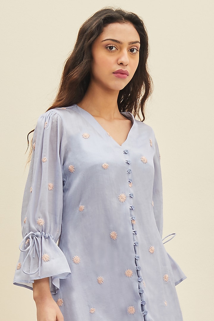 Light Blue Hand Embroidered Knee-Length Summer Dress by Meadow at Pernia's Pop Up Shop