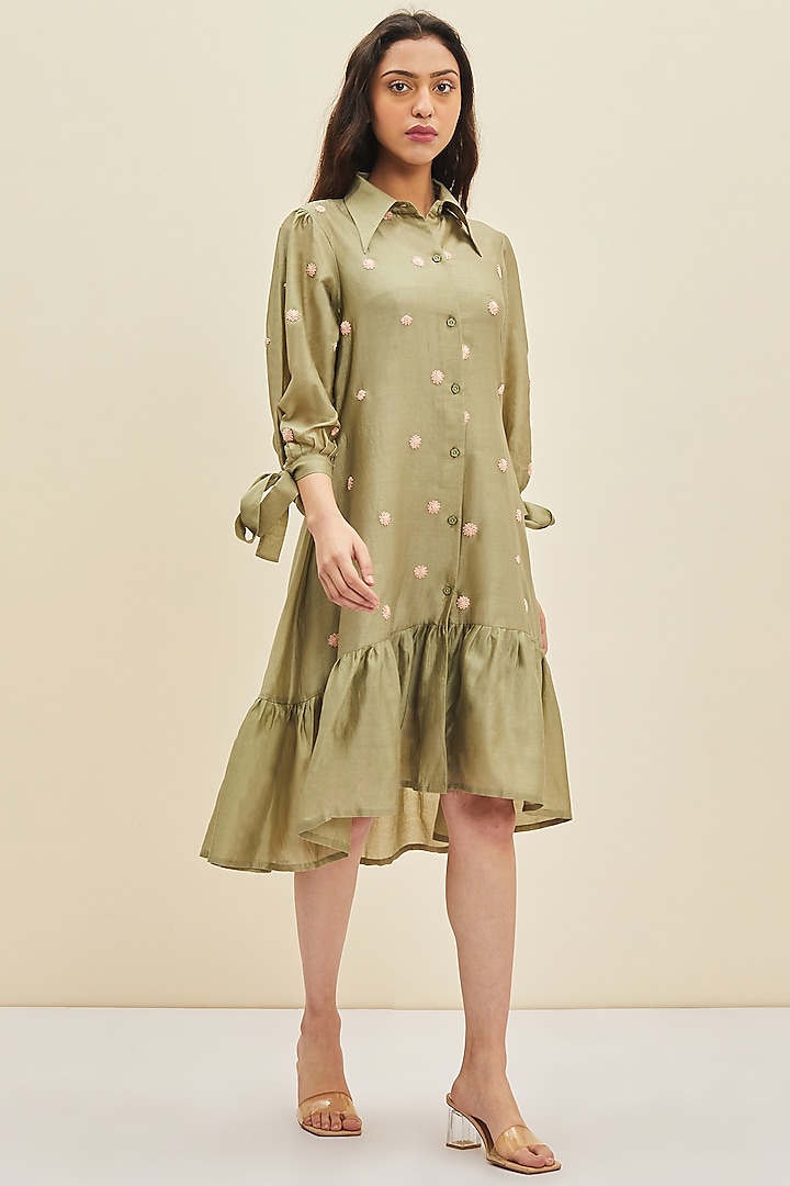 Olive Green Hand Embroidered Knee-Length Dress by Meadow
