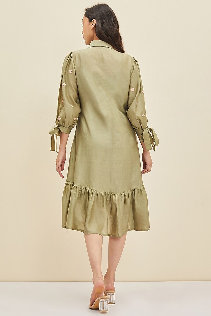 Olive Green Hand Embroidered Knee-Length Summer Dress by Meadow at Pernia's Pop Up Shop