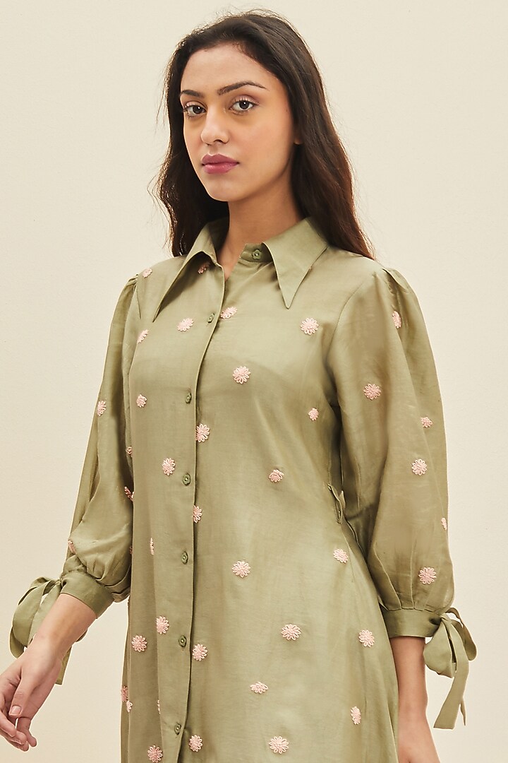 Olive Green Hand Embroidered Knee-Length Summer Dress by Meadow at Pernia's Pop Up Shop